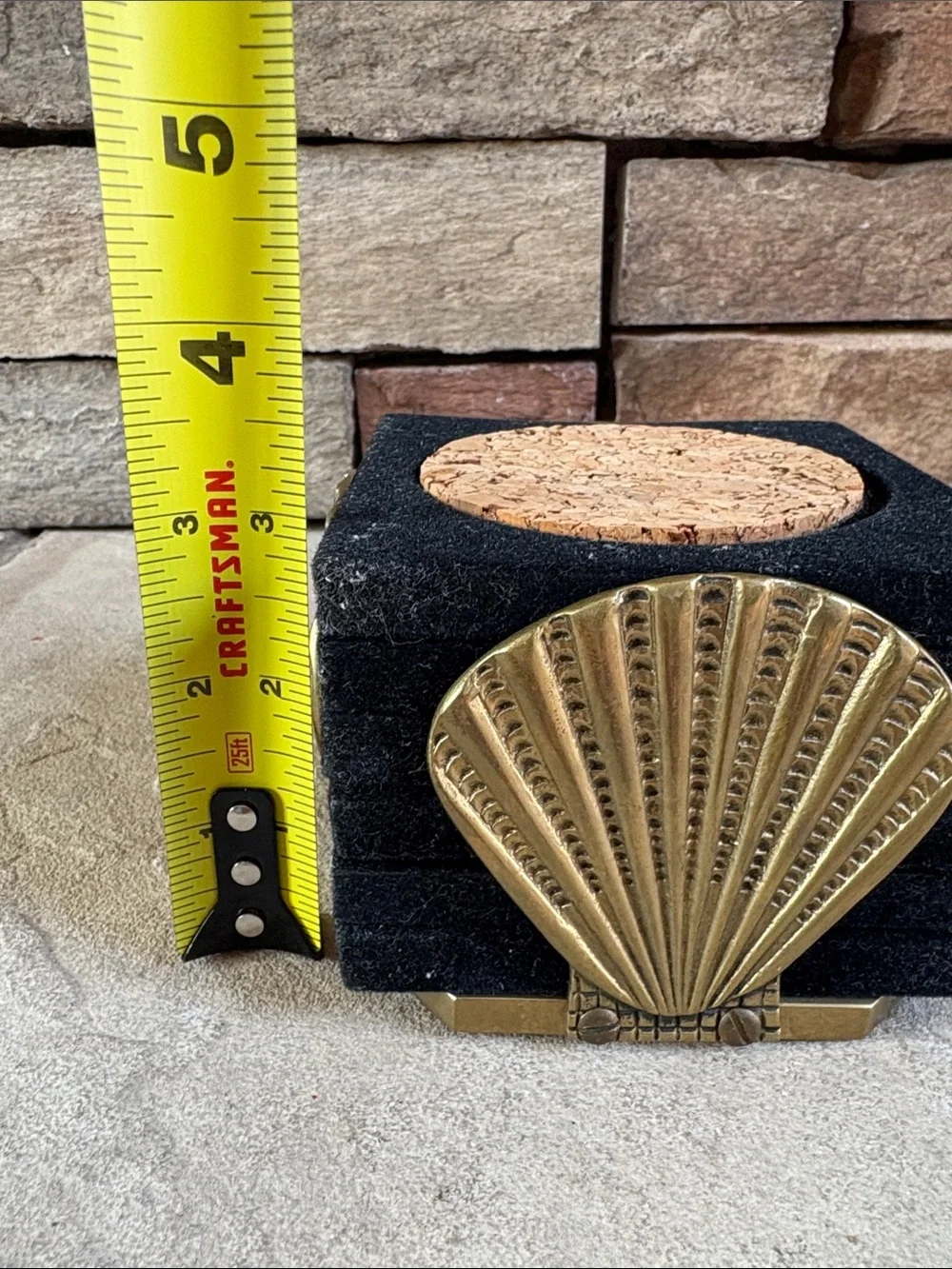 Vintage brass shell coaster holder with coasters